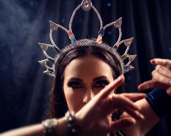 パフォーマー向けシルバーハロークラウン - バーニングマン、フェスティバル、フュージョンベリーダンス用ヘッドピース