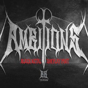 May include: A black and white graphic design of the word "AMELION" in a bold, stylized font. The font is designed to look like a black metal band logo. The word is centered on a black background with a sword design behind it. The text "BLACK METAL DISPLAY FONT" is below the word "AMELION".