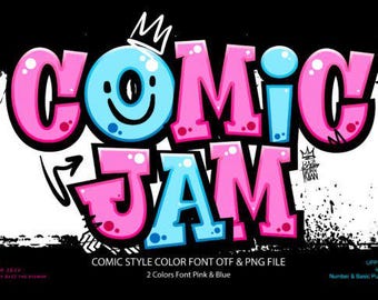 Comic Jam Color Font Pink & Blue color, Comic Font, Graffiti Font, Bonus Graffiti letters PNG File | Instant Download