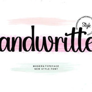 Puede incluir: Fuente de escritura negra "Handwritten" con un fondo de acuarela de tonos rosas y verdes. El diseño incluye el texto "Introducing Handwritten Font Collection" en un marco circular y "Modern Typeface New Style Font" debajo.