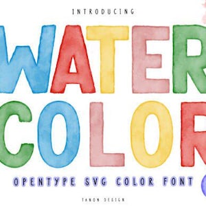 May include: A vibrant watercolor font design featuring the word "WATERCOLOR" in large, multi-coloured letters. The font is bold and rounded, with each letter in a different colour. The design includes the text "INTRODUCING" and "OPENTYPE SVG COLOR FONT WITH PNG".