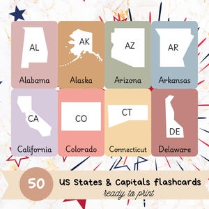 50 fiches d'information sur les États et les capitales - Cartes d'apprentissage de la géographie des États-Unis pour les enfants - Ressource éducative imprimable
