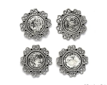 Set of 4 Antique Silver Base Metal Circle with Filigree Connector Cameo Cab Extra Fancy Flower....Frame Settings...Circle round 13mm  25mm