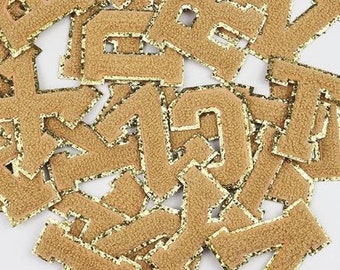 3" Camel Tan Gold Edge Iron On Varsity Letters Chenille Stitch Patch Heat Press