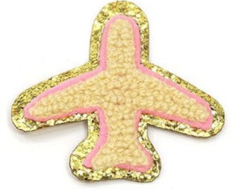 2" Two Tone Airplane Chenille Gold Glitter Patch Self Adhesive trucker hat
