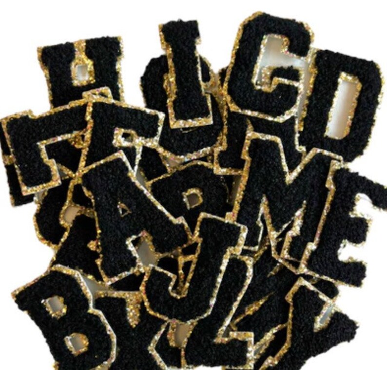 3 Black Gold Edge Iron On Varsity Letters Chenille Stitch Patch Heat Press image 2