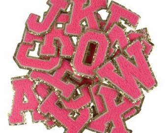 2.2" HOT PINK Gold Edge Varsity Letters Self Adhesive Chenille Stitch Patch Heat Press