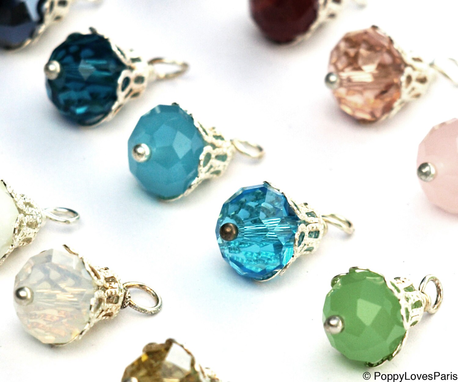 Set of 4 Bead Drop Charms Pendants Earrings Glass Crystals with Silver Tone Filigree
