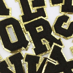 3 Black Gold Edge Iron On Varsity Letters Chenille Stitch Patch Heat Press image 1