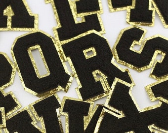 3" Black Gold Edge Iron On Varsity Letters Chenille Stitch Patch Heat Press