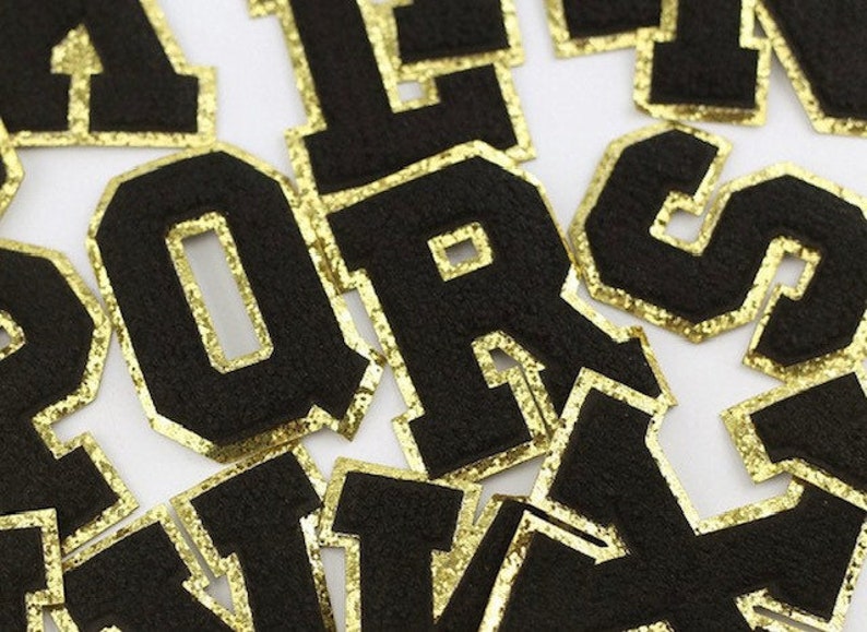 3 Black Gold Edge Iron On Varsity Letters Chenille Stitch Patch Heat Press image 1