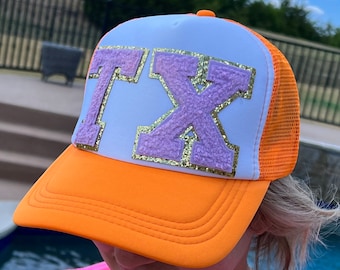 Orange and Purple Texas TX Chenille Patch Hat baseball cap Trucker Hat