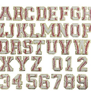 May include: A collection of baseball-themed alphabet letters and numbers. Each patch features a white background with red stitching, resembling a baseball. The edges are trimmed with gold. The letters and numbers are in a bold, block style.