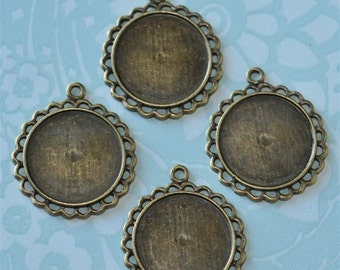 Set of 4 Antique Brass Base Metal  with Filigree Connector Pendant Extra Fancy... Flower....Frame Settings...Circle Round 20mm 27mm