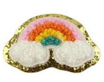 2" Rainbow Chenille Gold Glitter Patch Self Adhesive