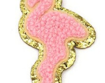 2" Pink Flamingo Chenille Gold Glitter Patch Self Adhesive