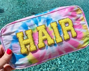 Tie Dye HAIR Nylon Cosmetic bag with Chenille Varsity Letters