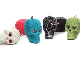 Day of the Dead Skull Pendant with Crystal eyes Skeleton 18mm x 28mm 15 color Options