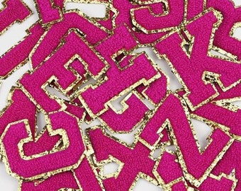 3" Magenta Gold Edge Iron On Varsity Letters Chenille Stitch Patch Heat Press