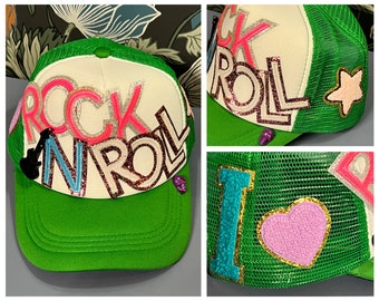 Deluxe I Love Rock N Roll Trucker Hat with Skull and Guitar Boutique Luxe Handmade