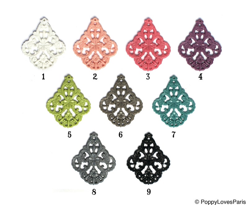 CLEARANCE 9 Color Choices Set of 6 German Style Filigree Floral Pendant Resin for Earrings or Necklace 58mm x 48mm image 1