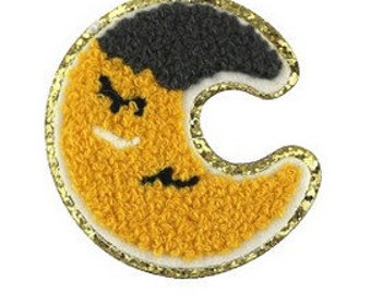 2.2" Goodnight Moon Chenille Gold Glitter Patch Self Adhesive