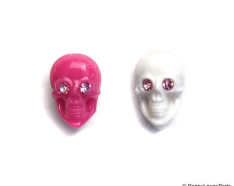 Two Sided Skull Head Bead with Hole Drilled Crystal eyes Rockabilly Steampunk Kitsch FUN...20mm Pink or White Preciosa Crystals