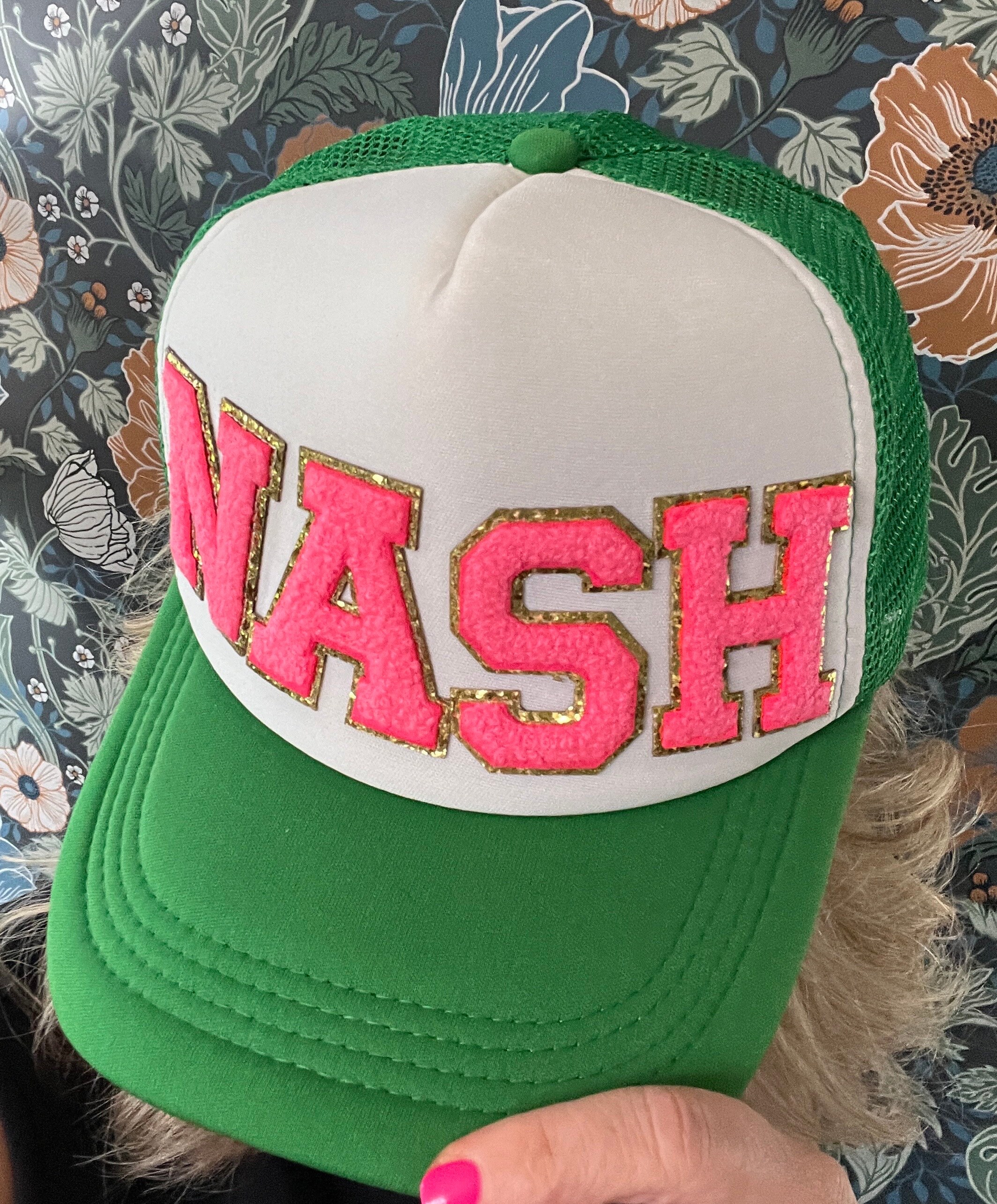 Deluxe Tennessee NASH Nashville Multi Patch Trucker Hat Boutique OOAC Green  with HOT Pink Letters