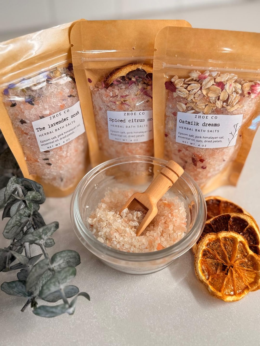 Handmade Bath Salts Set: Lavender, Orange Spice & Oatmilk