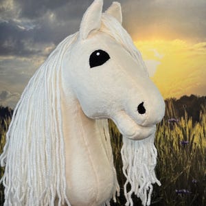 Può includere: Un cavallo giocattolo di peluche con testa in tessuto color crema e una lunga criniera di lana bianca. Il cavallo presenta grandi occhi ovali neri e piccole narici ricamate in nero, montato su un bastone di legno per il gioco.