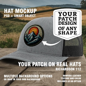 May include: A gray and black baseball cap with a patch that says "YOUR PATCH DESIGN OF ANY SHAPE". The patch is a mockup for a custom design. The cap is on a wooden surface with a green and brown background.