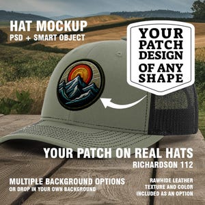 May include: A green and black trucker hat with a patch that says "YOUR PATCH DESIGN OF ANY SHAPE". The hat is on a wooden surface with a green and brown background. The patch is a mockup for a custom design.