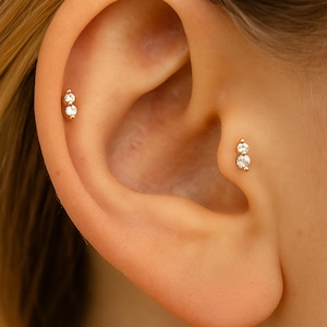 18G Climber CZ Threadless Push Pin Labret Stud Earring, Sterling Silver Tiny Trio Diamond Flat Back Stud Earring, Cartilage Stud, Helix Stud