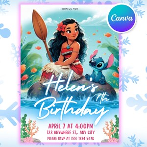 Moana und Stitch Einladungskarte zum Geburtstag | Bearbeitbare und druckbare Vorlage | Niedliche Stitch Party einladen | Canva Vorlage | Sofort Download