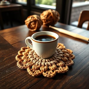 May include: A white ceramic coffee mug filled with dark coffee sits on a handmade, tan crochet coaster. Two balls of yarn and a wooden knitting needle are in the background on a dark wooden table. The coaster has a flower-like design.