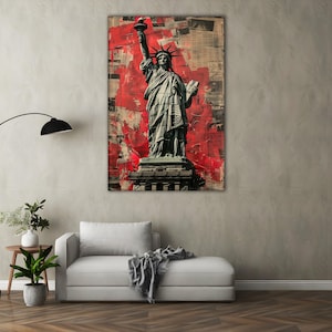 Statua della Libertà, decorazione da parete, stile grunge, New York, moderna, pop art americana, stampa, collage di giornali rossi, foto, urbano, industriale, regalo per la casa, New York
