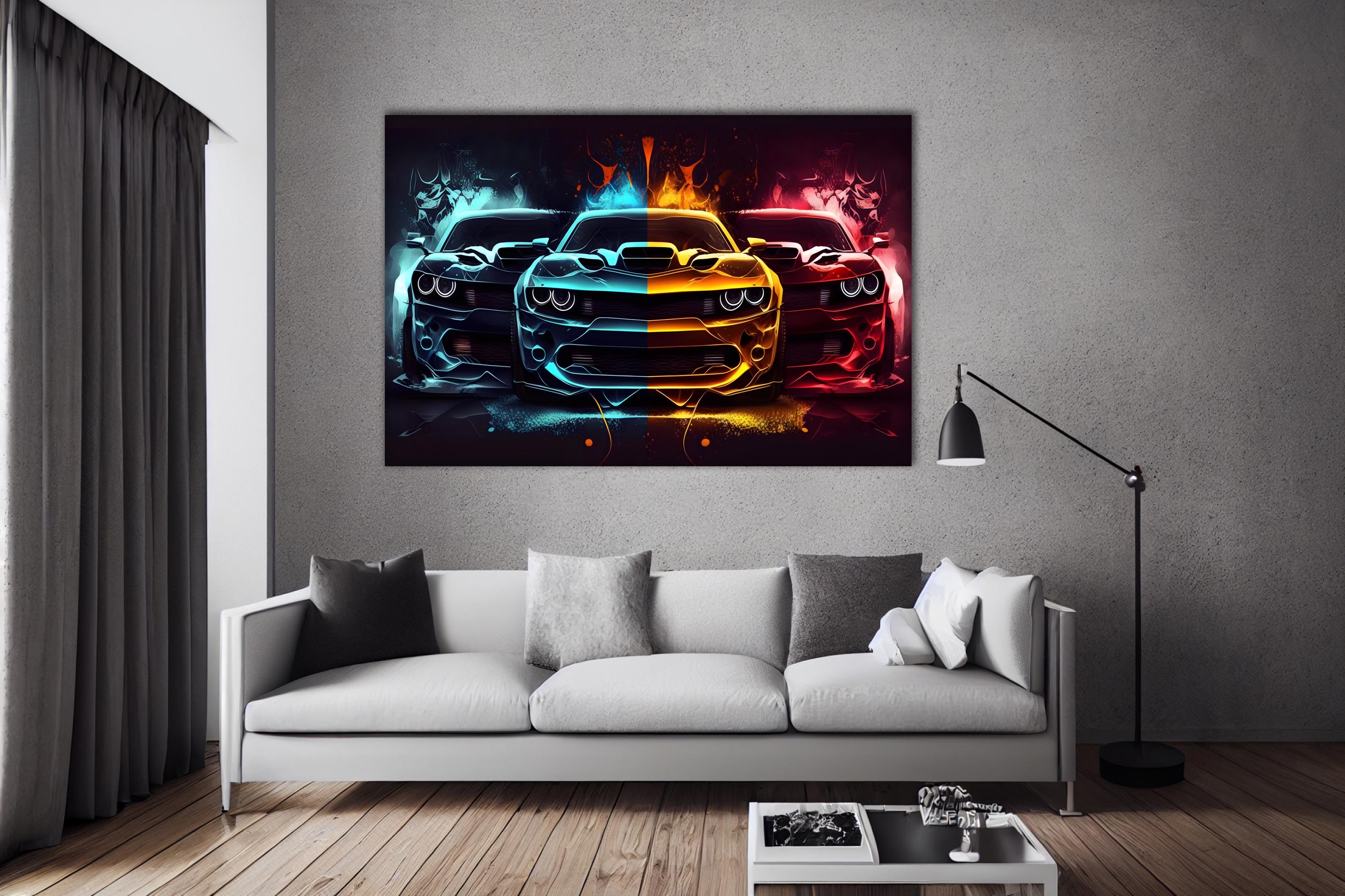 Dynamic Supercar Canvas Art: Mustang vs Challenger Racing Print