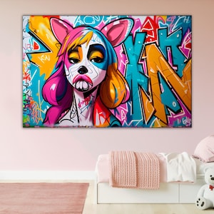 Colorful Street Art Dog Graffiti Style Canvas Print Urban Pop Art Wall Decor Bold Cartoon Character Spray HipHop Inspired Funky Wall Artwork