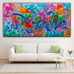 Stampa su tela con graffiti colorati, stile urbano, stile street art, stile hip hop, stile graffiti, stile street art, stile moderno, decorazione murale per ragazzi.