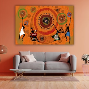 Stampa su tela con danza tribale africana, cultura etnica, decorazione per la casa in stile boho colorato, poster con persone astratte, arte afro-culturale per il soggiorno.