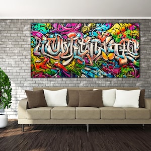 Impresión artística en lienzo con grafitis coloridos: decoración urbana de estilo callejero