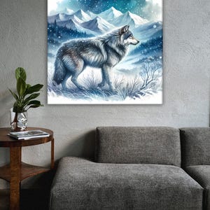 Stampa artistica da parete con lupo invernale, foresta innevata, decorazione su tela, dipinto di animali di montagna, scena naturale blu, natura selvaggia, arte della fauna selvatica, regalo di arte da parete nordica