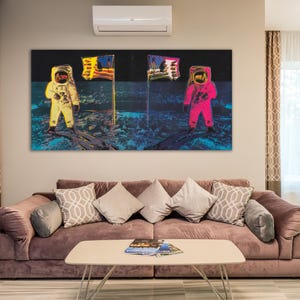 Astronauti sulla Luna stile neon arte digitale spazio opera d'arte pop art NASA stampa colorata futurismo vibrazioni retrò missione lunare galassia tela