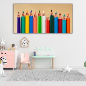 Lápices de colores, arte de pared, caras divertidas, impresión en lienzo, decoración para habitación infantil, útiles escolares, foto, arcoíris caprichoso, sonrisa, arte para aula, guardería