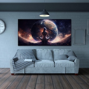Meditazione cosmica, arte murale, ragazza yoga, tela, stampa Terra e Universo, decorazione spirituale, galassia, opera d'arte di consapevolezza, astrale, decorazione per la stanza, regalo artistico