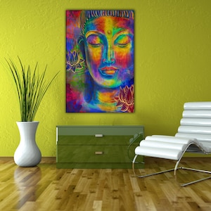 Stampa su tela con Buddha colorato, decorazione da parete zen, meditazione, spirituale, boho, opera d'arte, loto, mandala, psichedelico, estetica, stanza.