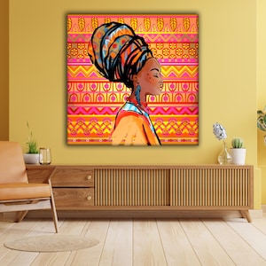 African Woman Canvas Print: Tribal Headwrap Portrait, Boho Wall Art