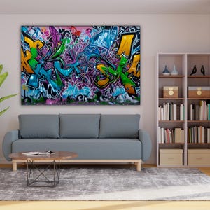 Colorful Graffiti Wall Art Urban Street Style Canvas Bold Abstract Spray Paint Print Modern HipHop Vibe Decor Vibrant Cityscape Illustration