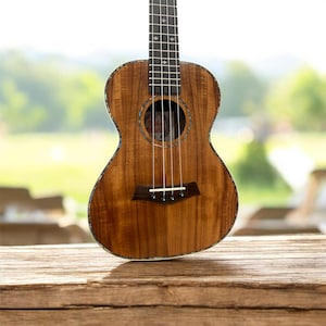 Op de afbeelding: Een bruine ukelele met een glanzende afwerking, rustend op een houten oppervlak. Het instrument heeft vier snaren, een klankgat en een donkerbruine brug. De achtergrond is een wazig uitzicht op groen.