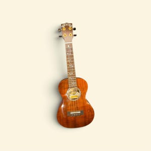 Puede incluir: Un ukelele de madera marrón con acabado brillante, que presenta un patrón de incrustaciones en forma de enredadera a lo largo del diapasón. El clavijero muestra el texto "KO ALOHA" en letras blancas y el cuerpo tiene una boca circular.